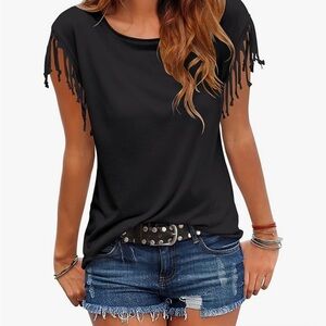 New black short sleeved shirt with tassels on the sleeve NEW NEVER WORN 
Size M